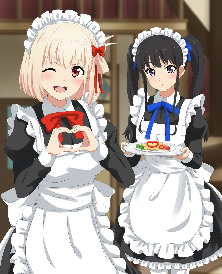 2girls ;d alternate_costume alternate_hairstyle apron bangs black_dress black_hair blonde_hair blue_bow blue_bowtie blue_ribbon blush bob_cut bow bowtie commentary_request dress enmaided food frilled_apron frills hair_ribbon heart heart_hands holding holding_plate inoue_takina lieass long_hair long_sleeves lycoris_recoil maid maid_apron multiple_girls neck_ribbon nishikigi_chisato omurice one_eye_closed open_mouth parted_lips plate puffy_long_sleeves puffy_sleeves red_bow red_bowtie red_eyes red_ribbon ribbon short_hair smile teeth twintails upper_teeth violet_eyes white_apron