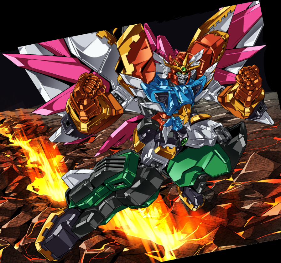 clenched_hands el_dorado_v flying gao_ex_kaiser green_eyes gunxsword looking_ahead mecha mechanical_wings molten_rock robot science_fiction solo super_robot v-fin wings