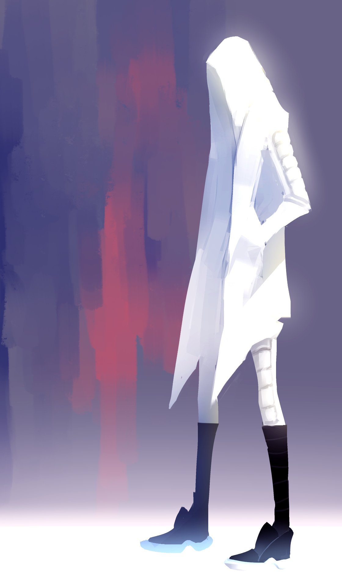 1other ambiguous_gender black_footwear coat hands_in_pockets highres hood hood_up hooded_coat open_clothes open_coat original painterly shoes sketch sneakers solo standing tostantan white_coat