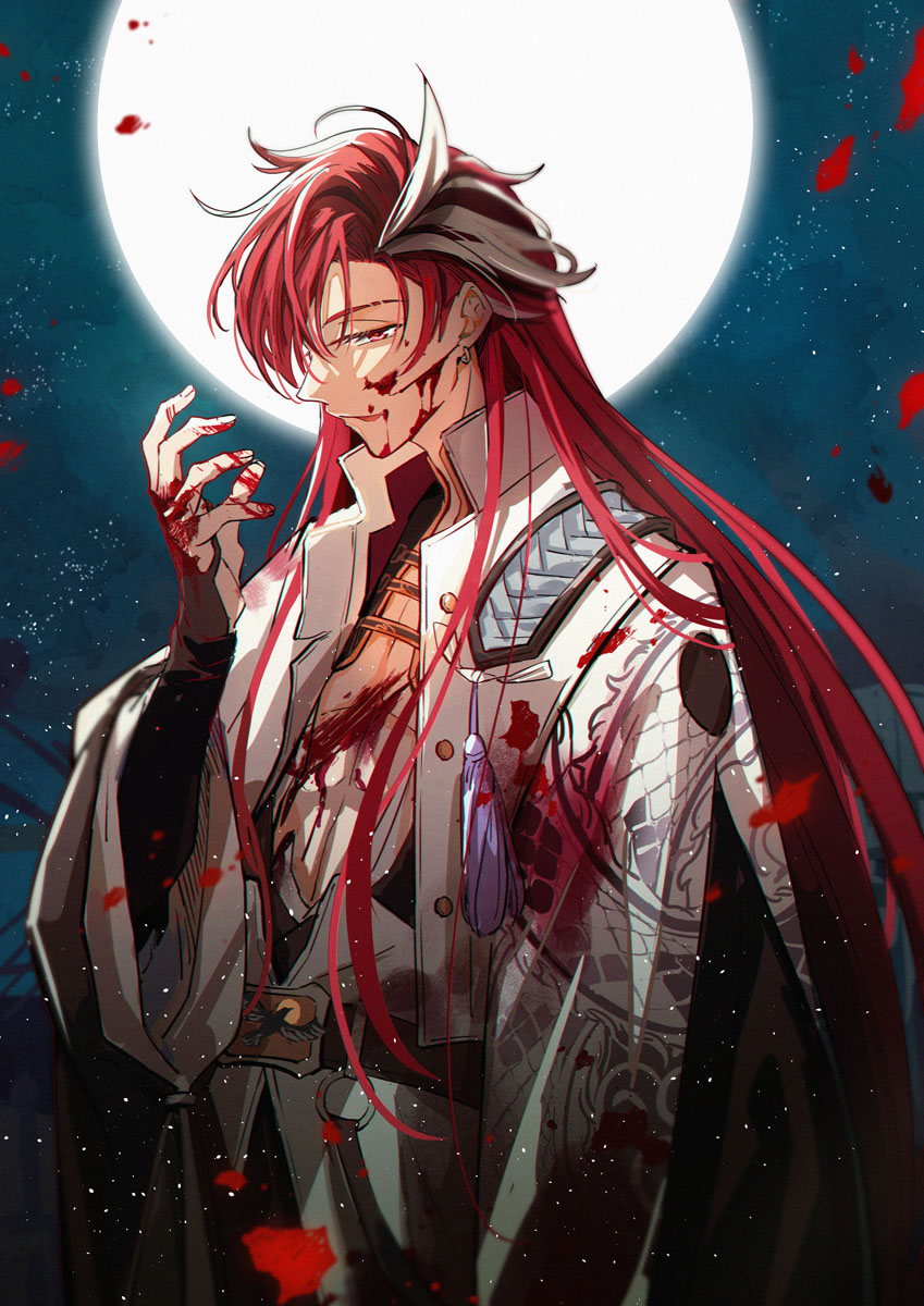1boy alternate_hairstyle bangs belt black_gloves black_hair bleeding blood blood_on_chest blood_on_clothes blood_on_face blood_on_hands closed_mouth commentary_request dragon_print earrings eyebrow_cut fate/grand_order fate_(series) full_moon gloves hair_down highres injury jacket japanese_clothes jewelry light_particles long_hair long_sleeves looking_at_viewer male_focus moon moonlight multicolored_hair night night_sky official_alternate_hairstyle pectoral_cleavage pectorals red_eyes redhead sky smile solo streaked_hair takasugi_shinsaku_(fate) tassel underpec upper_body white_hair white_jacket zerocastle