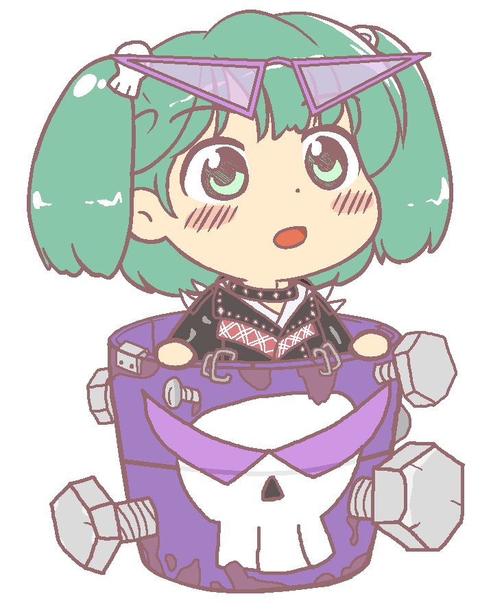 1girl anonymous_(japanese) black_jacket blush bucket eyewear_on_head full_body glasses green_eyes green_hair gyate_gyate hair_ornament in_bucket in_container jacket jaggy_lines kisume long_sleeves open_mouth short_hair short_twintails skull_hair_ornament solo touhou touhou_lost_word transparent_background twintails