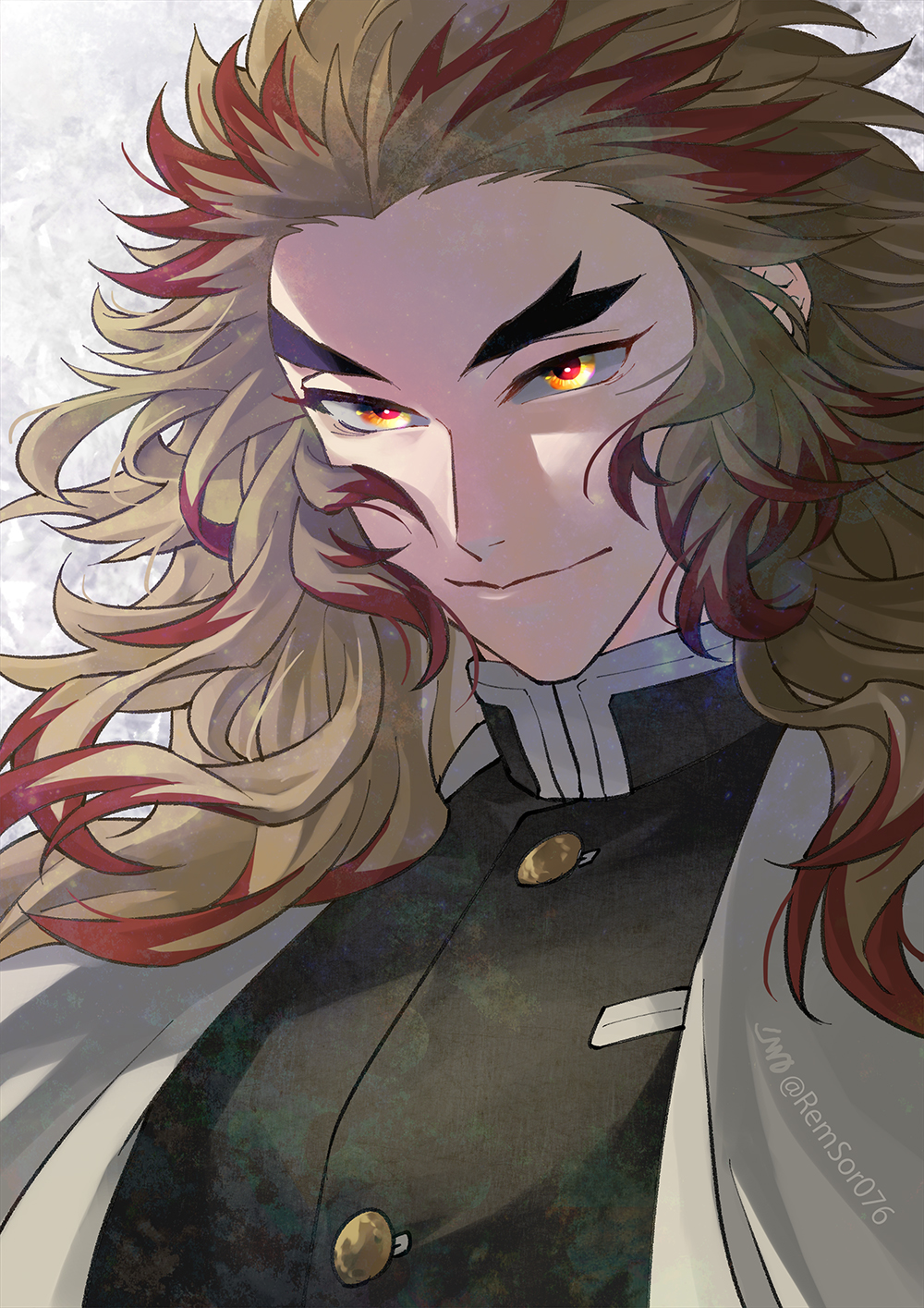 1boy bishounen black_jacket blonde_hair cape closed_mouth highres jacket kimetsu_no_yaiba long_hair male_focus multicolored_hair redhead remsor076 rengoku_kyoujurou smile solo twitter_username two-tone_hair upper_body white_cape yellow_eyes