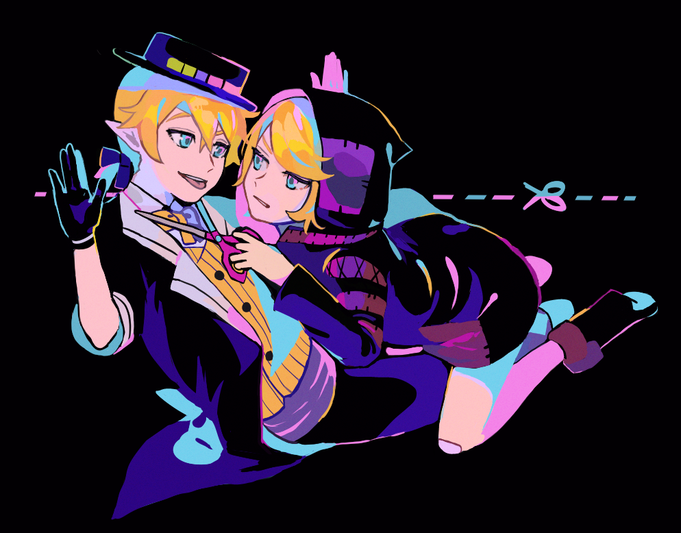 1boy 1girl arms_up bangs bent_over black_background black_gloves blonde_hair blue_eyes bow bowtie eye_contact eyebrows_hidden_by_hair gloves hair_between_eyes holding holding_scissors kagamine_len kagamine_rin kneeling lapels long_sleeves looking_at_another neon_palette notched_lapels nunosei parted_bangs parted_lips patch pointy_ears project_diva_(series) scissors scissors_(module) short_sleeves simple_background tokyo_teddy_bear_(vocaloid) tongue tongue_out tricker_(module) vocaloid yellow_bow yellow_bowtie yumekui_shirokuro_baku_(vocaloid)