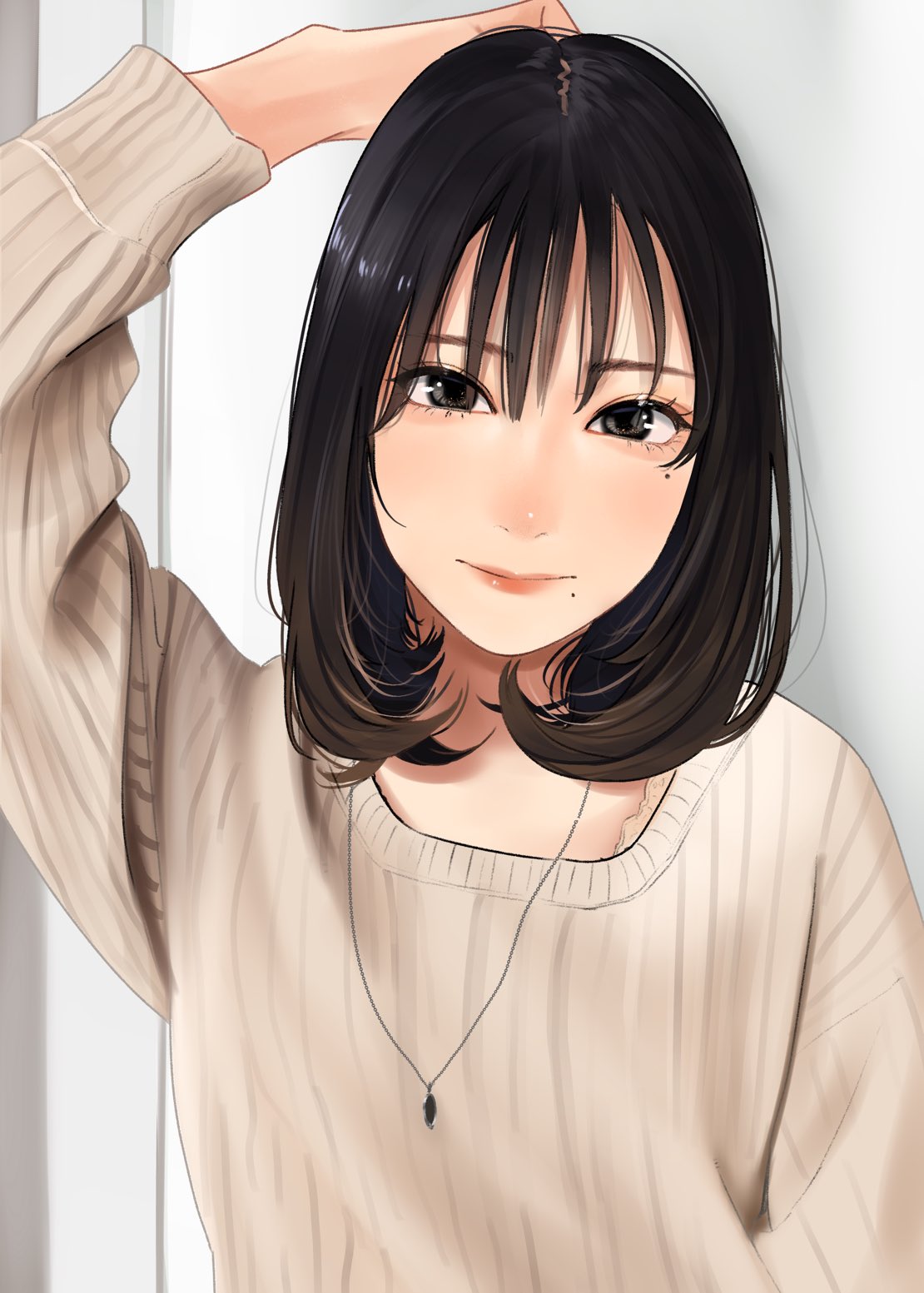 1girl arm_up bangs black_eyes blush brown_cardigan brown_hair cardigan closed_mouth hand_up highres jewelry lips lipstick long_sleeves looking_at_viewer makeup medium_hair mole mole_under_eye necklace original saitou_(lynx-shrike) smile solo standing