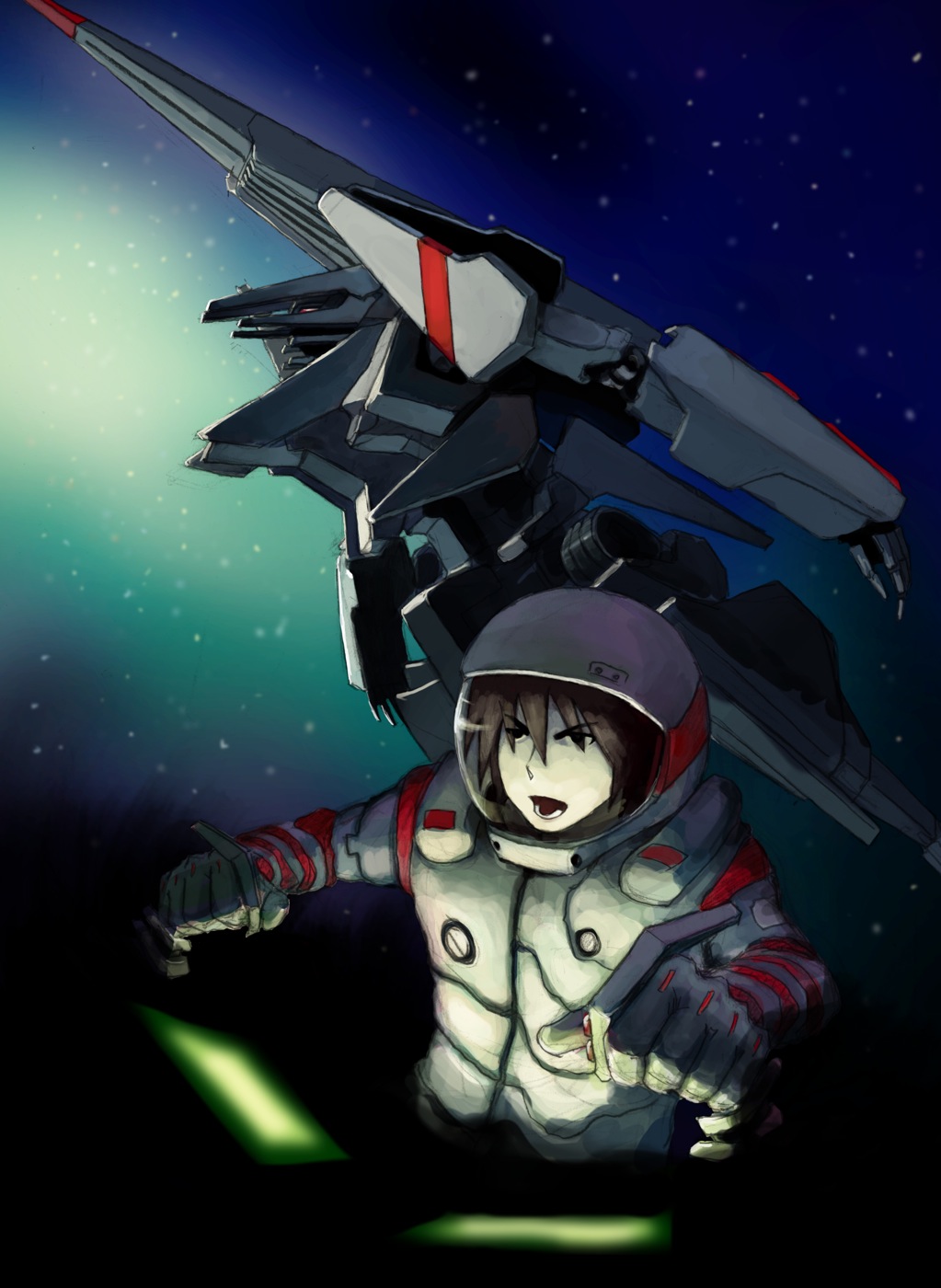 1boy 1other alternate_hair_color black_eyes brown_hair commentary_request flying formal hair_between_eyes hands_up helmet highres humanoid_robot lower_teeth mecha military military_vehicle morito_(sidonia_no_kishi) open_mouth outdoors piloting robot science_fiction short_hair sidonia_no_kishi sky space spacecraft spacesuit star_(sky) star_(symbol) starry_sky suit tanikaze_nagate teeth tsugumori white_helmet white_suit yona
