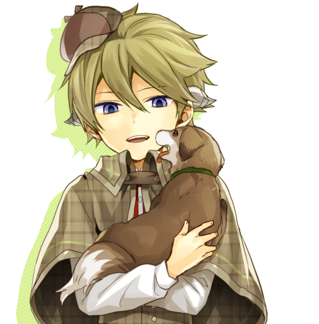 1boy 7100potechi animal bangs blonde_hair blue_eyes child dog drop_shadow hair_between_eyes happy hat holding holding_animal horns hyuse long_sleeves male_child male_focus mini_hat plaid_capelet shirt short_hair tongue tongue_out upper_body white_shirt world_trigger younger