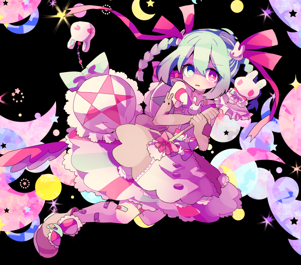 1girl animal_hair_ornament bandaid bandaid_on_leg bangs black_background bow braid bright_pupils commentary_request crescent_moon dress elbow_gloves gloves green_bow green_eyes green_hair hair_between_eyes heterochromia holding holding_wand lace lace_trim magical_girl moon open_mouth original pink_eyes pink_gloves shoes sleeveless sleeveless_dress solo star_(symbol) tearing_up too_many_bandaids twin_braids usagi_nui wand white_pupils