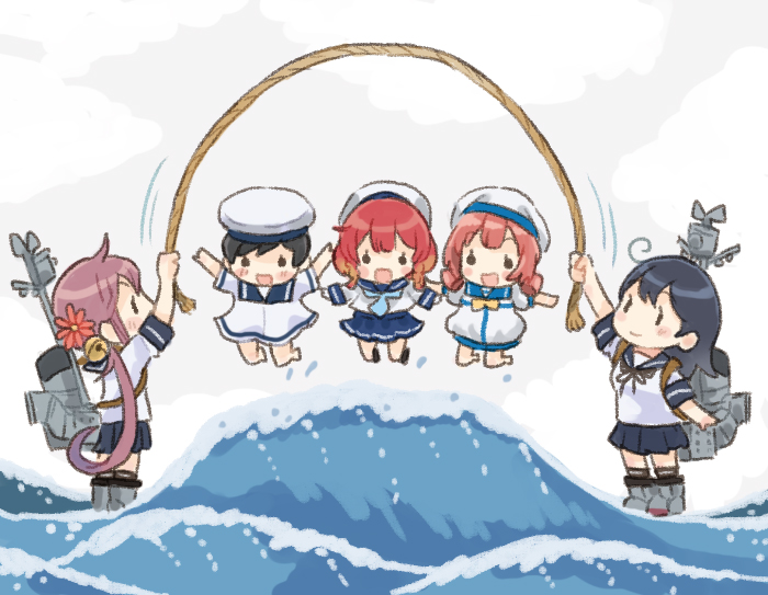 5girls akebono_(kancolle) bell black_hair black_sailor_collar black_skirt blonde_hair blue_sailor_collar blue_skirt bob_cut braid brown_hair commentary_request dress etorofu_(kancolle) flower gradient_hair hair_bell hair_flower hair_ornament hair_rings hat hiburi_(kancolle) jingle_bell jump_rope kaiboukan_no._4_(kancolle) kantai_collection long_hair long_sleeves low_twintails machinery multicolored_hair multiple_girls pleated_skirt purple_hair redhead saiguchi_otoufu sailor_collar sailor_dress sailor_hat school_uniform serafuku short_hair short_sleeves side_braid side_ponytail simple_background skirt twin_braids twintails ushio_(kancolle) water waves white_background white_dress white_headwear