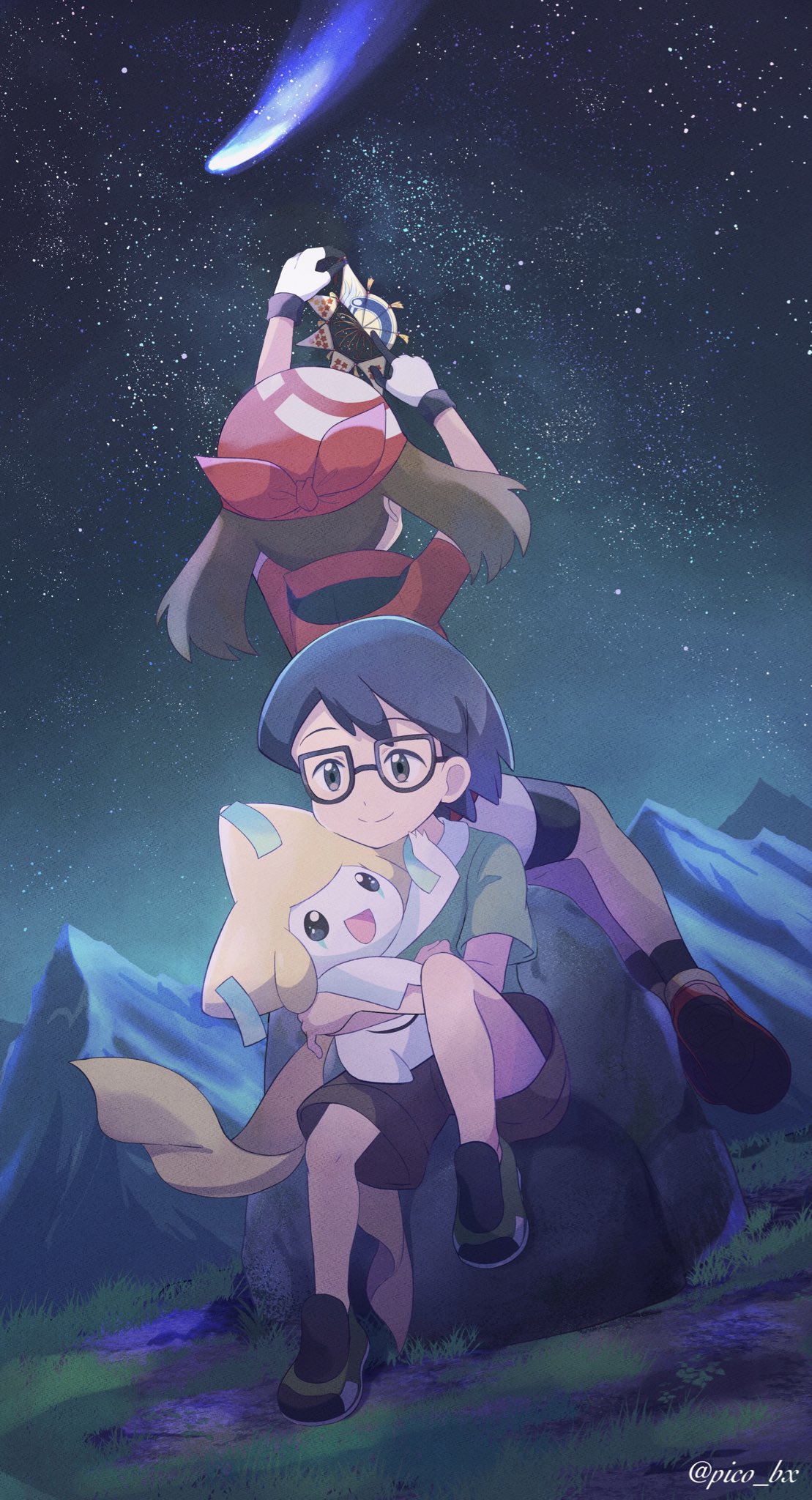 1boy 1girl bandana bangs black-framed_eyewear black_hair brother_and_sister brown_hair closed_mouth glasses gloves green_shirt highres holding holding_pokemon jirachi knees max_(pokemon) may_(pokemon) mei_(maysroom) night outdoors pokemon pokemon:_jirachi:_wish_maker pokemon_(anime) pokemon_(creature) pokemon_rse_(anime) red_bandana red_shirt shirt shoes short_hair short_sleeves shorts siblings sky smile star_(sky) white_gloves