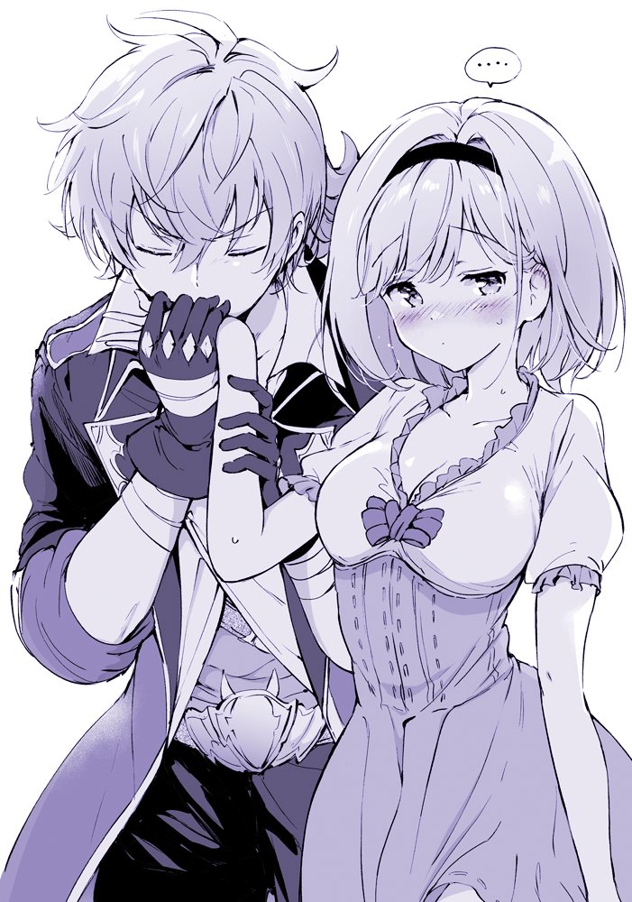 ... 1boy 1girl akina_tsukako belt blush breasts closed_eyes coat couple djeeta_(granblue_fantasy) dress embarrassed feather_(granblue_fantasy) fighter_(granblue_fantasy) gloves granblue_fantasy greyscale hairband kiss kissing_hand long_sleeves looking_away medium_breasts monochrome pants short_hair short_sleeves simple_background spiky_hair straight_hair sweatdrop white_background