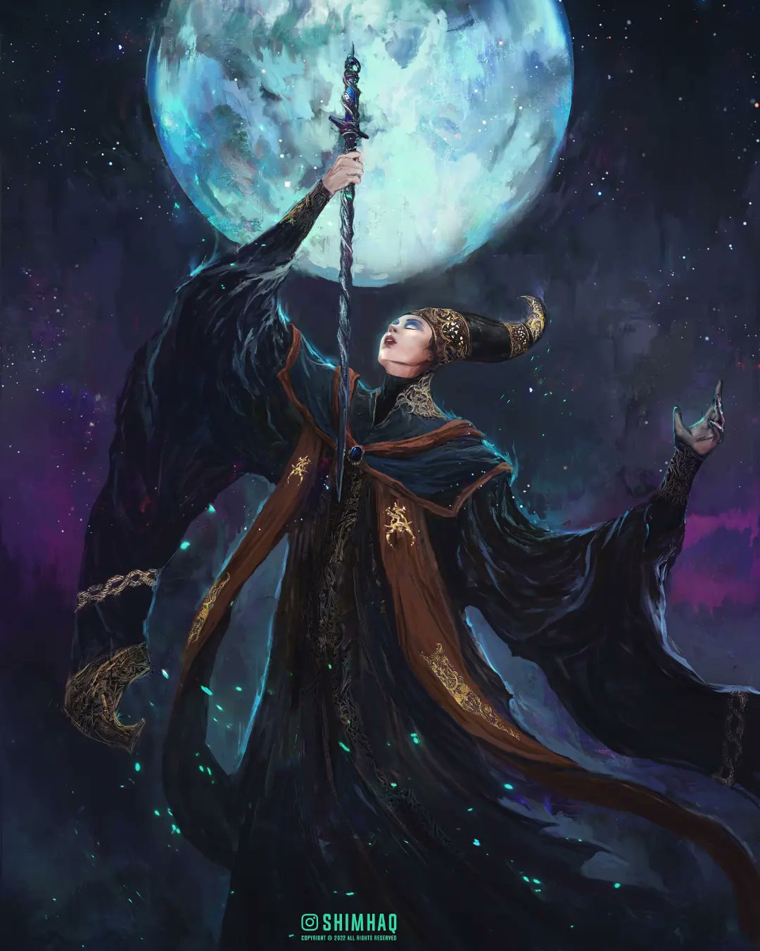 1girl blue_robe closed_eyes elden_ring eyeshadow full_moon hand_up hat highres holding holding_staff makeup moon open_mouth rennala_queen_of_the_full_moon robe shimhaq solo staff standing wizard_hat