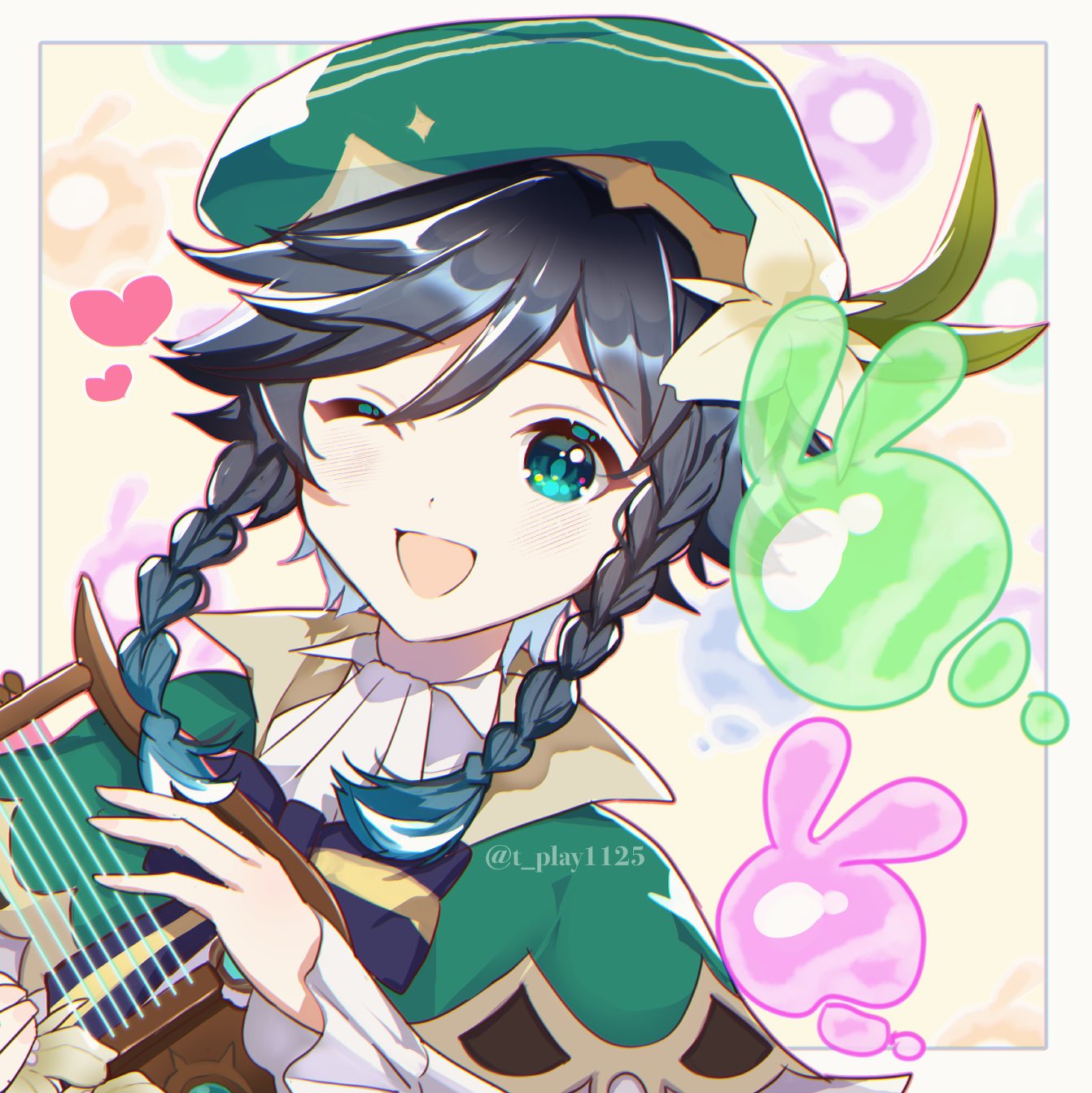 1boy ;d aqua_eyes aqua_hair artist_name bangs beret black_bow black_bowtie black_hair blush border bow bowtie braid cape collared_cape collared_shirt commentary_request flower frilled_sleeves frills genshin_impact gradient_hair green_cape green_headwear hair_between_eyes hair_flower hair_ornament hands_up hat heart highres holding holding_instrument ina_(t_play1125) instrument long_sleeves looking_at_viewer lyre male_focus medium_hair multicolored_hair one_eye_closed open_mouth outside_border seelie_(genshin_impact) shirt short_hair_with_long_locks side_braids sidelocks smile solo twin_braids twitter_username upper_body venti_(genshin_impact) white_border white_flower white_shirt yellow_background