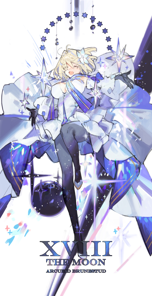 1girl ^_^ ^o^ ahoge arcueid_brunestud background_text bangs bare_shoulders black_gloves black_pantyhose blonde_hair blue_bow bow breasts character_name closed_eyes commentary_request detached_sleeves dress fate/grand_order fate_(series) flower full_body gloves gold_trim grin hair_flower hair_ornament high_heels large_breasts light_blush long_skirt long_sleeves melty_blood multicolored_clothes multicolored_skirt open_mouth pantyhose short_hair skirt smile solo sparkle star_(symbol) starshadowmagician tarot the_moon_(tarot) thighs tsukihime white_dress white_flower white_skirt