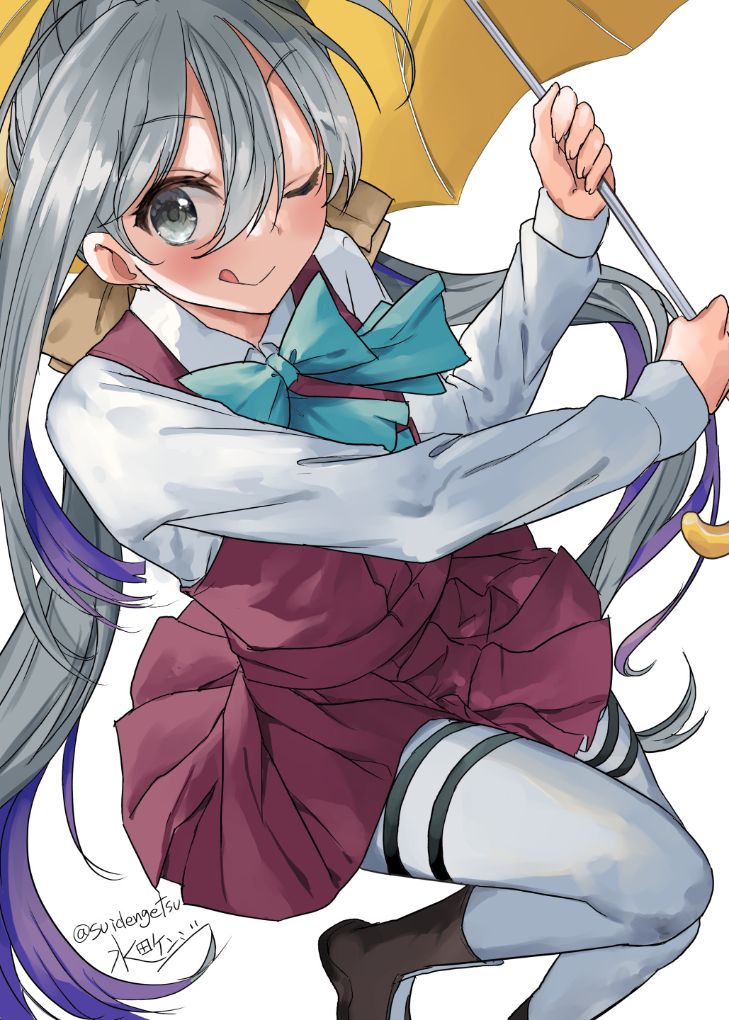 1girl aqua_bow aqua_bowtie artist_name blue_hair blush boots bow bowtie brown_footwear closed_mouth collared_shirt dated dress grey_eyes grey_hair grey_pantyhose hair_between_eyes highres holding holding_umbrella kantai_collection kiyoshimo_(kancolle) long_hair long_sleeves low_twintails mizuta_kenji multicolored_hair one-hour_drawing_challenge one_eye_closed pantyhose pleated_dress purple_dress shirt signature simple_background smile solo tongue tongue_out twintails twitter_username umbrella white_background white_shirt