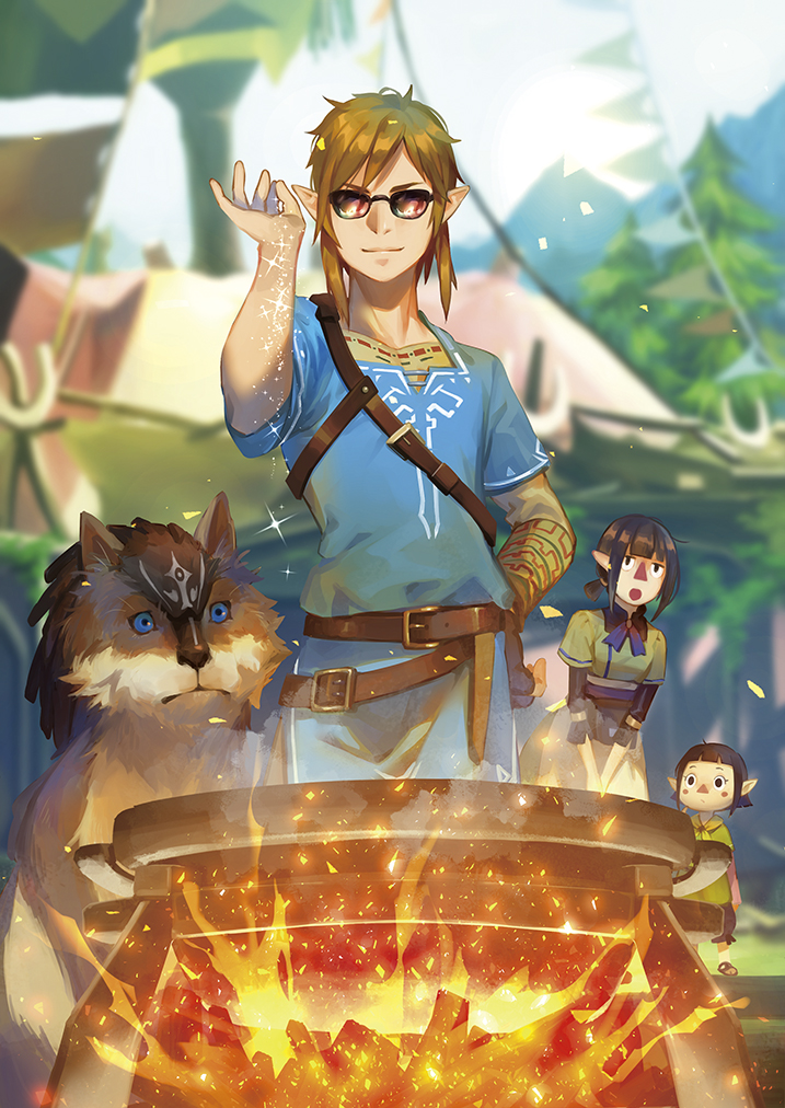 1boy 2girls animal blonde_hair blue_tunic character_request cooking fire link male_focus meme multiple_girls open_mouth outdoors pointy_ears salt_bae_(meme) sparkle standing sunglasses the_legend_of_zelda the_legend_of_zelda:_breath_of_the_wild tree tunic wolf yuyu_(yuyudesu0806)