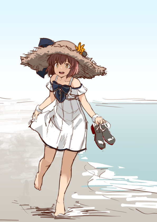 1girl barefoot beach blue_sky brown_eyes brown_hair clouds commentary_request day dress full_body hat kantai_collection official_alternate_costume open_mouth outdoors round_teeth sandals sandals_removed short_hair sky solo straw_hat sun_hat teeth translation_request unfinished upper_teeth watanore white_dress yukikaze_(kancolle)
