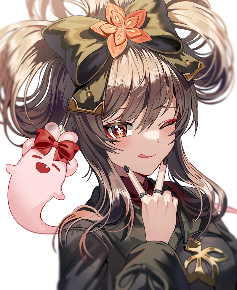1girl :q alternate_hairstyle bangs black_nails blush boo_tao_(genshin_impact) borrowed_hairstyle bow brown_coat brown_hair cinnamiku coat ear_bow flower-shaped_pupils folded_twintails genshin_impact hair_bow hand_up hu_tao_(genshin_impact) jewelry long_hair long_sleeves looking_at_viewer multiple_rings nail_polish no_headwear one_eye_closed red_eyes ring sanrio sidelocks silence_girl simple_background solo symbol-shaped_pupils tongue tongue_out updo upper_body v white_background