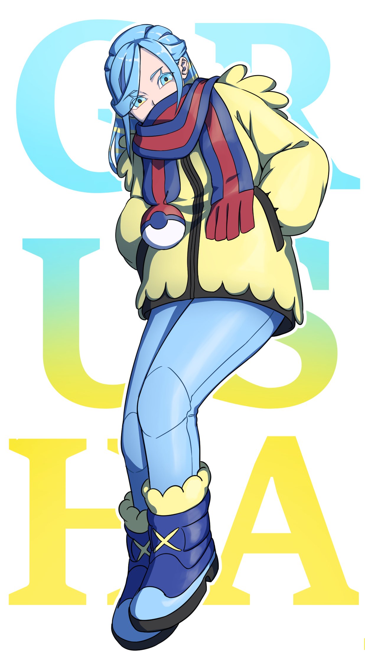 1boy androgynous blue_eyes blue_footwear blue_hair boots character_name coat eyes_visible_through_hair full_body grusha_(pokemon) hands_in_pockets highres jacket male_focus mefomefo poke_ball_print pokemon pokemon_(game) pokemon_sv scarf scarf_over_mouth snow_boots solo striped striped_scarf two-tone_scarf winter_clothes winter_coat yellow_jacket