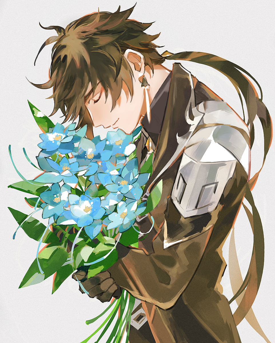 1boy antenna_hair bangs black_gloves bouquet brown_hair closed_eyes closed_mouth collared_shirt commentary_request earrings eyeliner flower formal genshin_impact glaze_lily gloves gotou_(pixiv37128) gradient_hair grey_background hair_between_eyes hair_tie highres holding holding_bouquet jacket jewelry long_hair long_sleeves low_ponytail makeup male_focus multicolored_hair necktie orange_hair ponytail red_eyeliner shirt simple_background single_earring smile solo suit tassel tassel_earrings white_flower white_necktie zhongli_(genshin_impact)