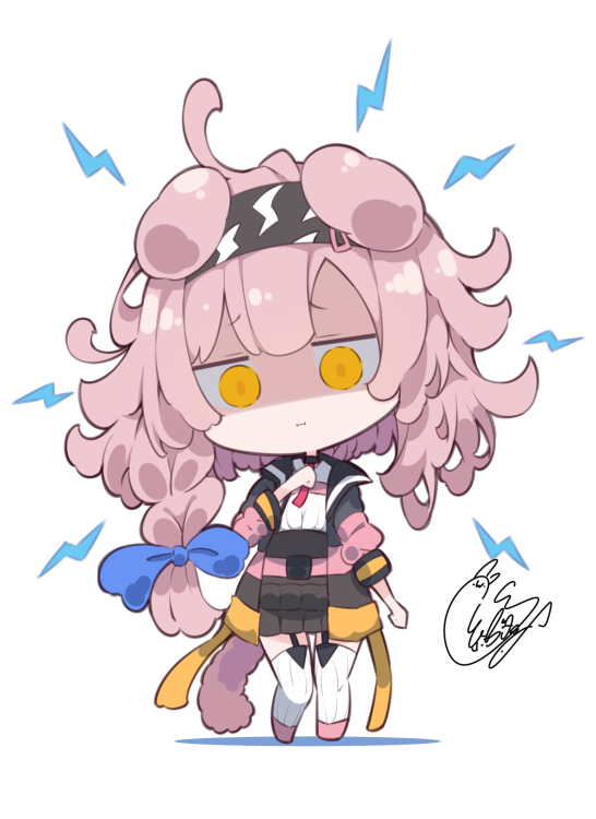 1girl :i ahoge animal_ears arknights beni_shake black_hairband black_jacket black_skirt blue_bow bow braid cat_ears cat_girl cat_tail chibi closed_mouth colored_shadow frilled_skirt frills full_body garter_straps goldenglow_(arknights) hair_bow hairband hand_up jacket lightning_bolt_print lightning_bolt_symbol long_hair long_sleeves looking_at_viewer open_clothes open_jacket pink_footwear pink_hair print_hairband puffy_long_sleeves puffy_sleeves shaded_face shadow shirt shoes signature single_braid skirt solo standing tail thigh-highs very_long_hair white_background white_shirt white_thighhighs yellow_eyes