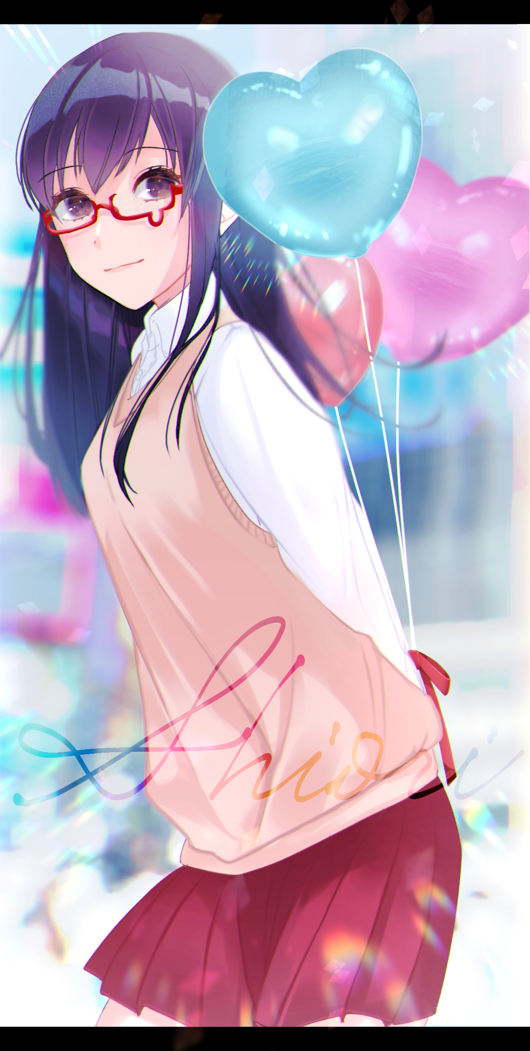 1girl balloon bangs black_hair blurry blurry_background breasts character_name collared_shirt cowboy_shot dress_shirt from_side glasses heart_balloon highres kurono_(wotochia) letterboxed long_hair long_sleeves looking_at_viewer looking_to_the_side miniskirt pleated_skirt purple_hair red-framed_eyewear red_ribbon ribbon semi-rimless_eyewear shirt skirt smile solo sweater_vest teardrop-framed_glasses under-rim_eyewear usami_shiori white_shirt world_trigger