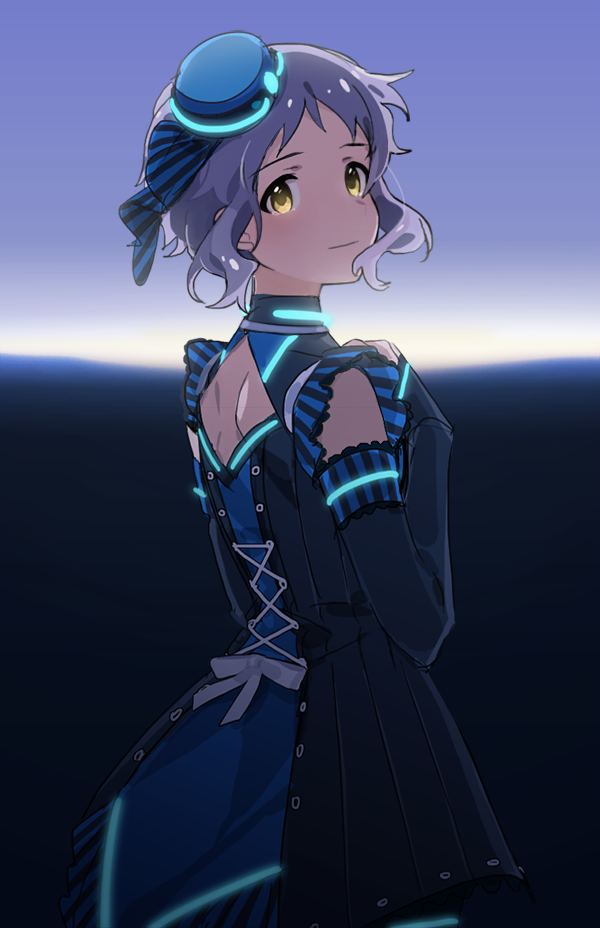 1girl back_bow back_cutout bangs black_sleeves blue_dress blue_headwear blue_sky blurry blurry_background blush bow clothing_cutout commentary default_p detached_sleeves dress frilled_dress frills glowing_clothes hands_on_own_chest hands_up hat horizon idolmaster idolmaster_million_live! idolmaster_million_live!_theater_days looking_at_viewer looking_back makabe_mizuki purple_hair short_hair sky smile solo tearing_up wavy_hair white_bow yellow_eyes