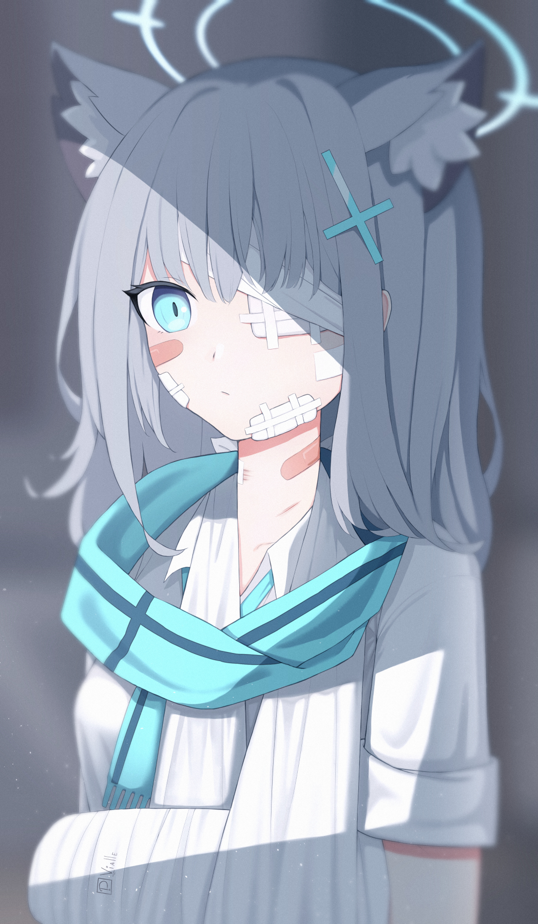 animal_ears arm_sling bandages bandaid blue_archive blue_eyes blurry blurry_background bruise bruise_on_face eyepatch grey_hair hair_ornament halo highres injury looking_at_viewer necktie scarf shiroko_(blue_archive) shirt sleeves_rolled_up vialle white_shirt