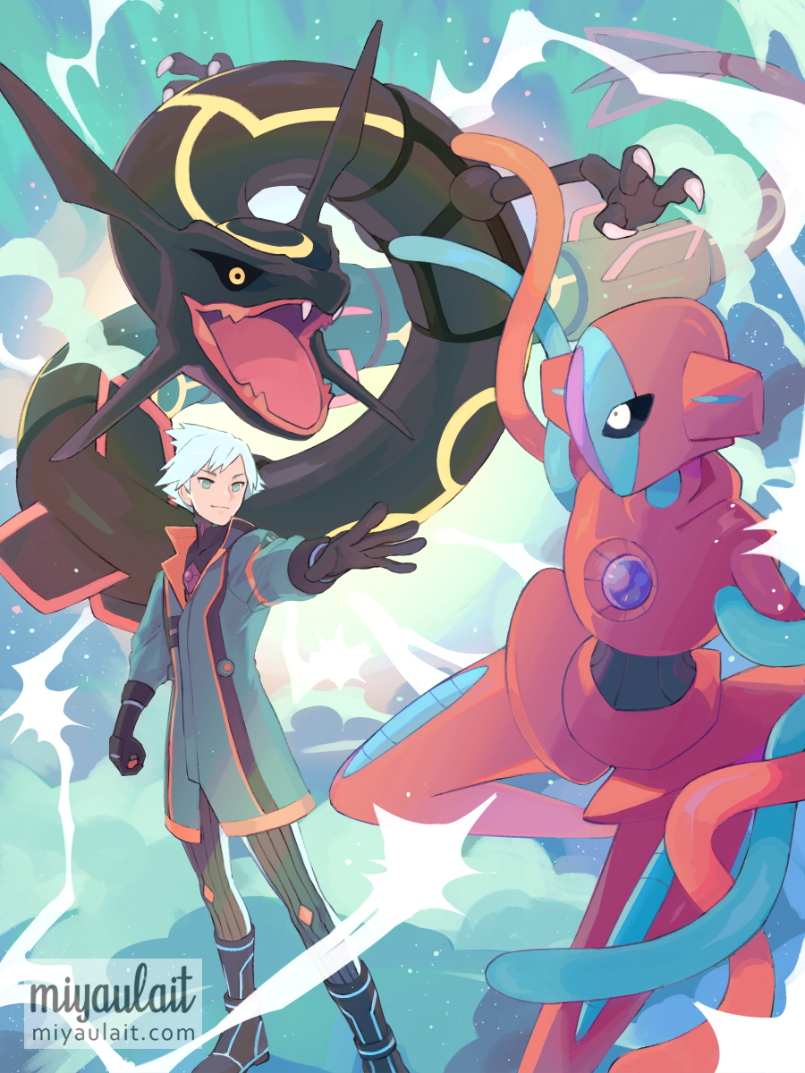 1boy alternate_color bangs black_gloves blue_hair boots claws closed_mouth coat deoxys deoxys_(normal) gloves green_eyes highres holding holding_poke_ball male_focus miyaulait official_alternate_costume outstretched_arm poke_ball poke_ball_(basic) pokemon pokemon_(creature) pokemon_(game) pokemon_masters_ex rayquaza shiny_pokemon shirt short_hair signature smile standing steven_stone watermark web_address