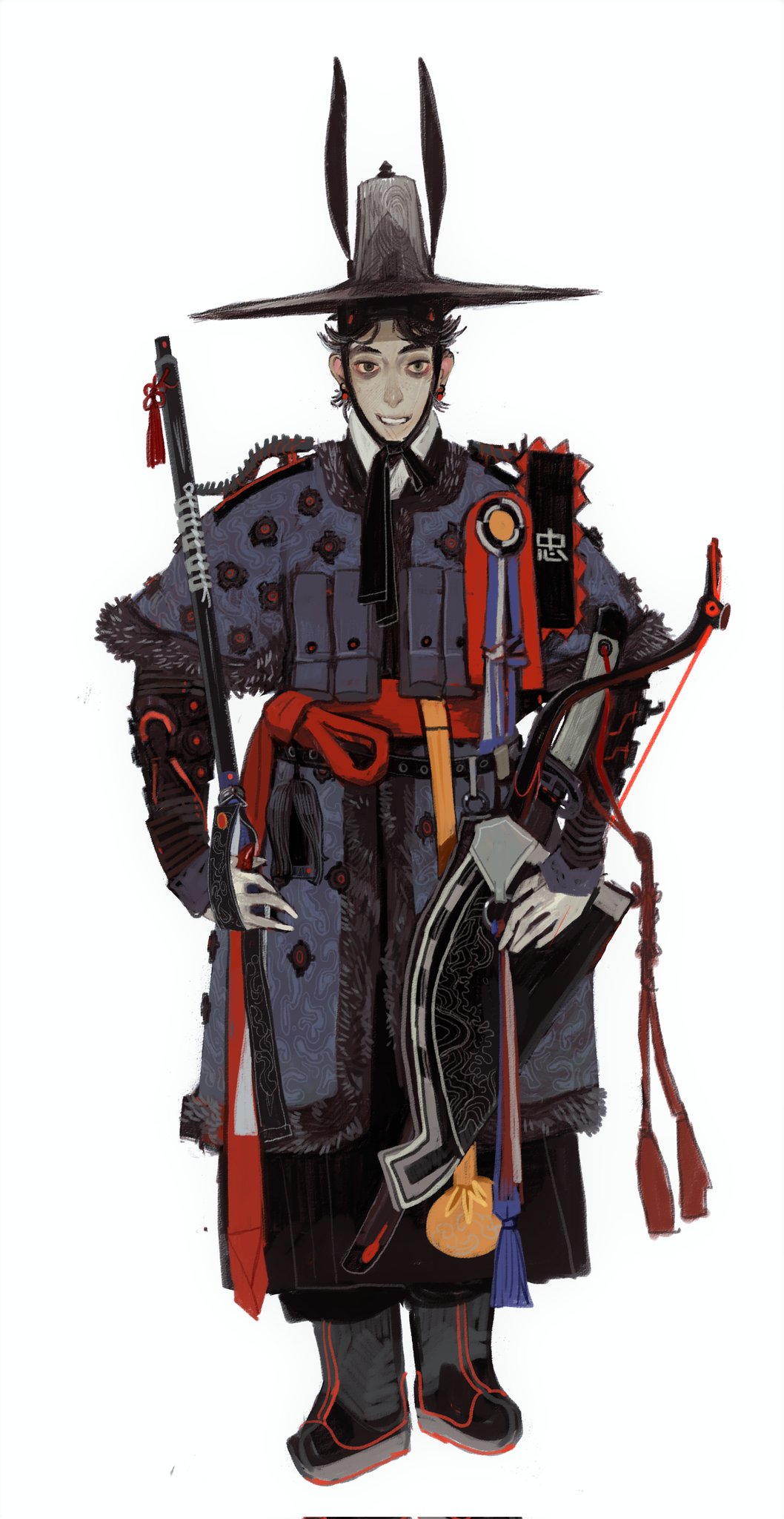 1boy armor black_eyes black_hair boots bow_(weapon) bow_scabbard chinese_armor earrings hat highres holding holding_weapon jewelry looking_at_viewer male_focus mossacannibalis original red_sash sash simple_background smile solo tassel weapon white_background