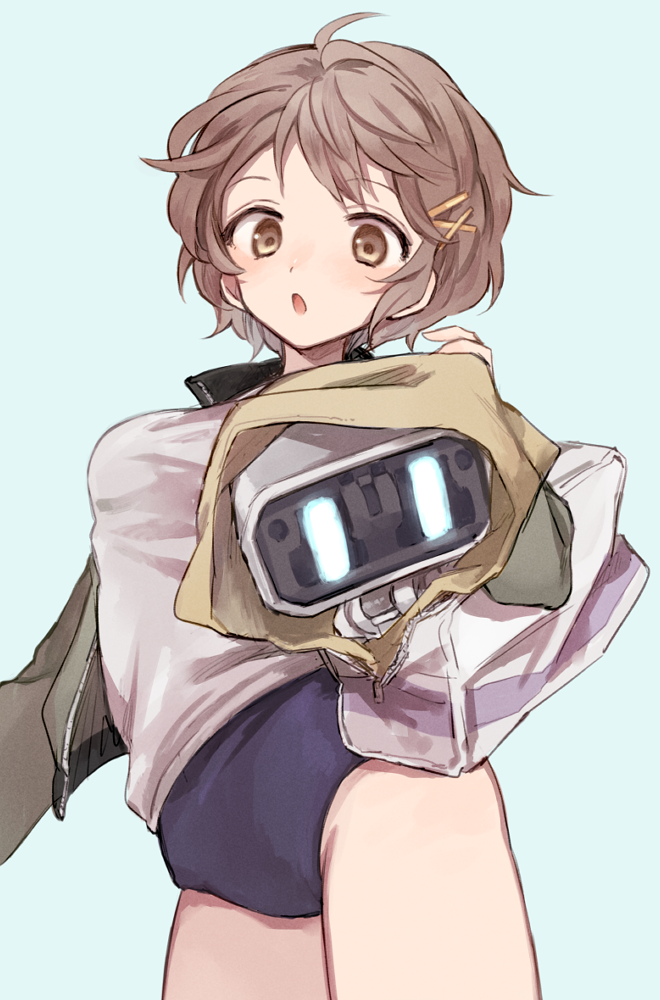 1girl bag bj_(juusan_kihei_bouei_ken) brown_eyes brown_hair buruma grey_jacket hair_ornament hairclip jacket juusan_kihei_bouei_ken long_sleeves looking_at_viewer minami_natsuno robot shirt short_hair soto sportswear t-shirt white_shirt