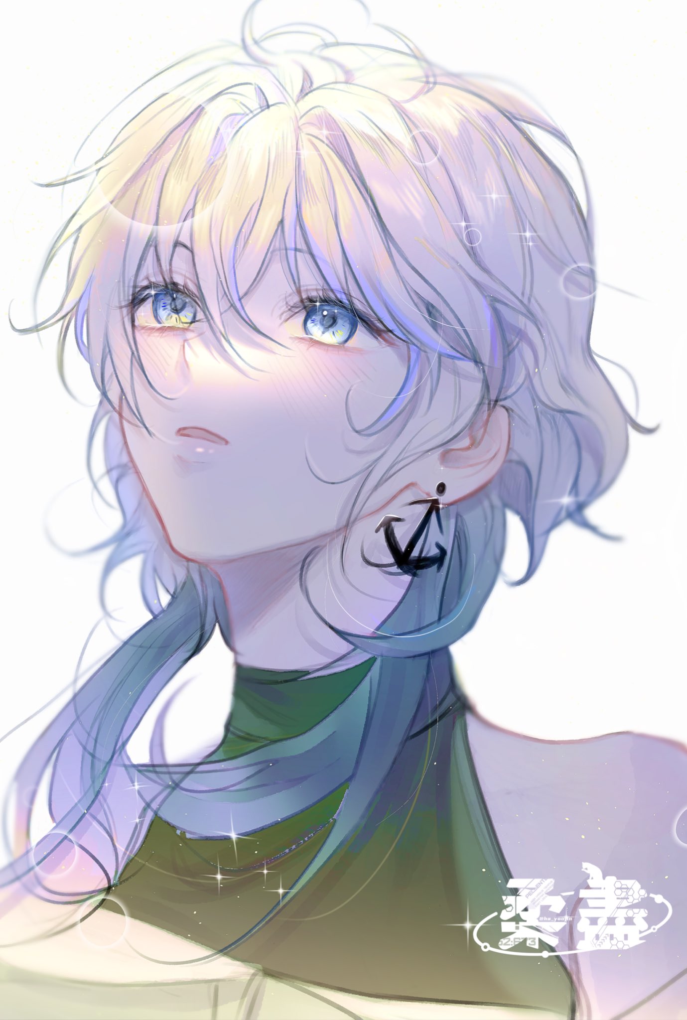 1boy anchor anchor_earrings androgynous blue_eyes commission earrings ha_yoojin highres jewelry looking_up male_focus original otoko_no_ko parted_lips purple_hair shirt short_hair_with_long_locks sleeveless sleeveless_shirt solo turtleneck white_background