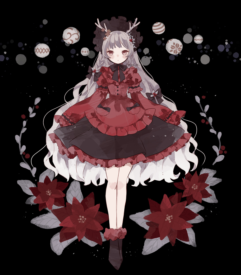 1girl antlers black_footwear bonnet brown_eyes christmas commentary dress flower frilled_dress frills full_body gothic gradient_hair grey_hair lolita_fashion long_hair multicolored_hair myaco9 original poinsettia red_dress red_flower solo symbol-only_commentary very_long_hair white_hair wide_sleeves