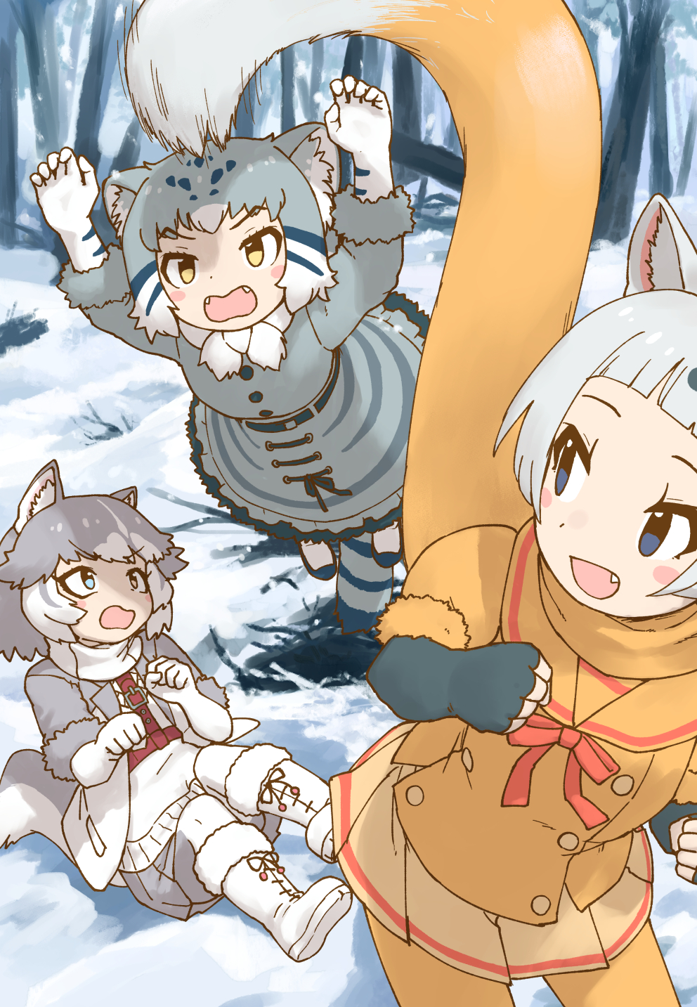 3girls animal_ears animal_print black_gloves blue_eyes blush boots bow bowtie cat_ears cat_girl cat_print cat_tail commentary_request dog_(mixed_breed)_(kemono_friends) dog_ears dog_girl dog_tail elbow_gloves fang fangs fingerless_gloves fur_trim gloves grey_fur grey_hair grey_jacket grey_pantyhose grey_skirt grey_sweater harness heterochromia high-waist_skirt highres jacket japanese_marten_(kemono_friends) jumping kemono_friends long_hair looking_back lying midair multicolored_hair multiple_girls on_back open_mouth pallas's_cat_(kemono_friends) pantyhose pouncing red_bow red_bowtie rumenia_(ao2is) sailor_collar scarf sidelocks skirt sweater tail two-tone_hair two-tone_pantyhose two-tone_sweater white_bow white_bowtie white_footwear white_gloves white_hair white_pantyhose white_scarf white_sweater yellow_eyes yellow_fur yellow_pantyhose yellow_skirt yellow_sweater
