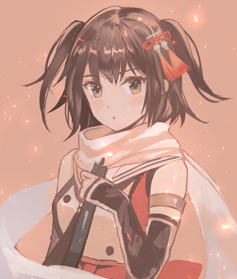 1girl :o bangs brown_eyes brown_hair buttons closed_mouth detached_sleeves double-breasted holding holding_torpedo kantai_collection kasumi_(skchkko) long_sleeves looking_at_viewer parted_lips scarf sendai_(kancolle) sendai_kai_ni_(kancolle) short_hair smile solo torpedo two_side_up upper_body white_scarf