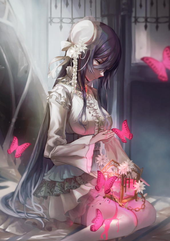 1girl black_hair blurry blurry_background bow brown_eyes bug butterfly closed_mouth dress flower hair_bow hair_flower hair_ornament hat idolmaster idolmaster_shiny_colors indoors layered_dress long_hair long_sleeves pleated_dress sayuumigi shiny shiny_hair shirase_sakuya short_dress sitting solo thigh-highs very_long_hair white_bow white_dress white_flower white_headwear white_thighhighs