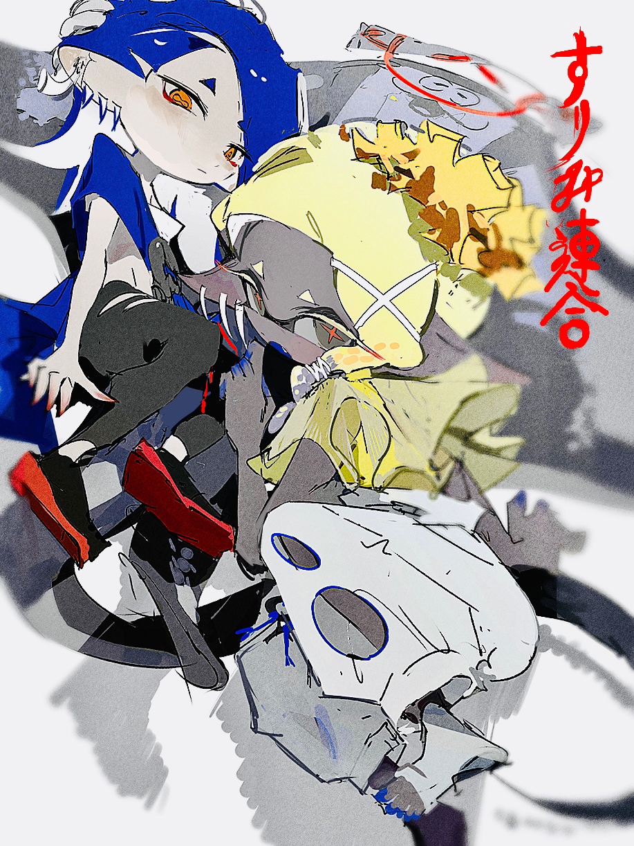 1boy 2girls big_man_(splatoon) black_footwear black_pants blonde_hair blue_hair closed_mouth colored_skin crop_top cross-shaped_pupils ear_piercing fang frye_(splatoon) grey_background grey_eyes harem_pants highres manta_ray multicolored_skin multiple_girls open_mouth orange_eyes orange_pupils pants piercing shiver_(splatoon) shoes simple_background sneakers splatoon_(series) splatoon_3 tekito_midori tentacle_hair two-tone_skin white_hair white_pants