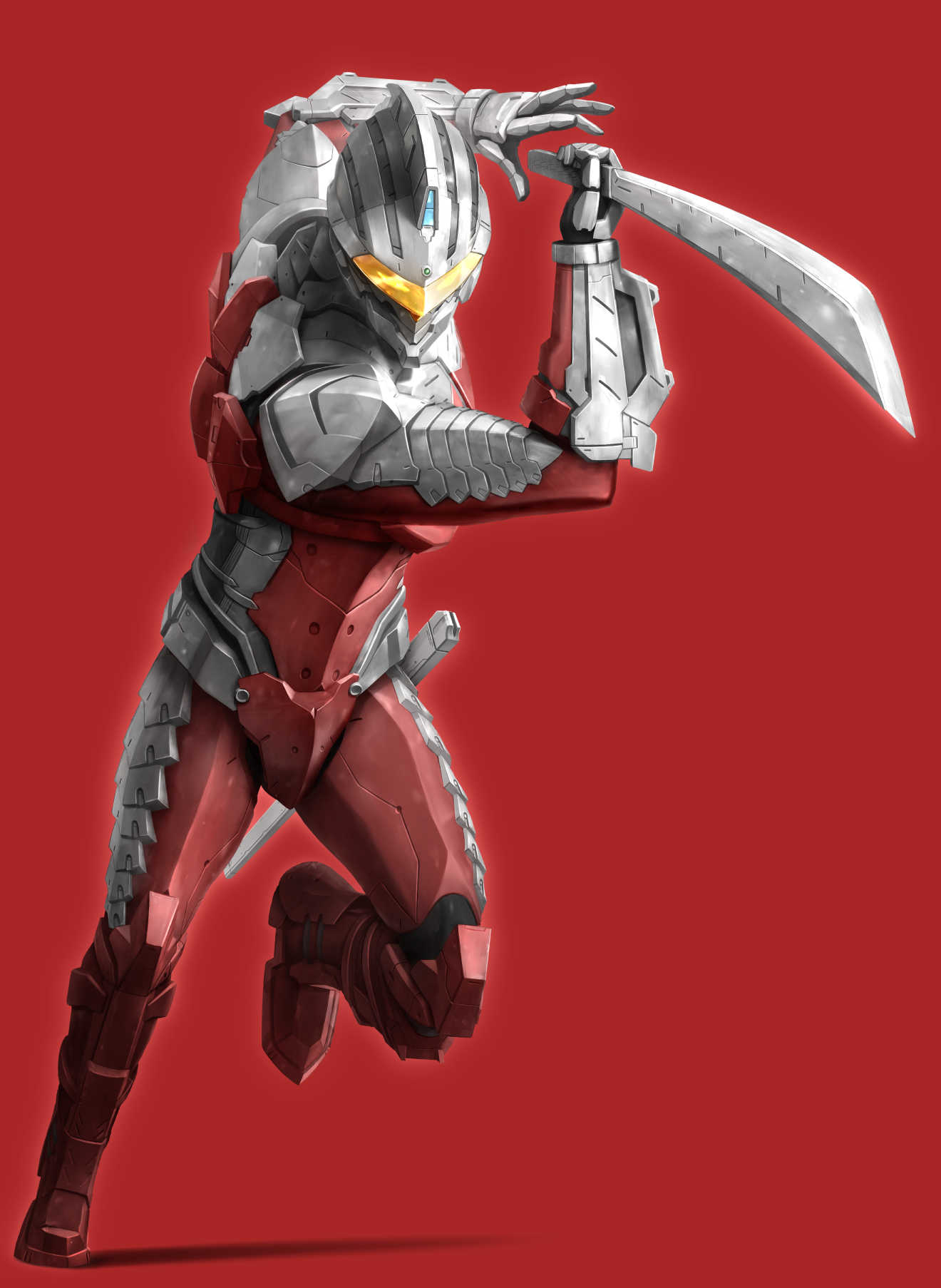 1boy highres holding holding_sword holding_weapon male_focus neocity222 open_hand power_armor running science_fiction shadow solo sword ultra_series ultra_seven ultraman_(hero's_comics) ultraman_suit weapon