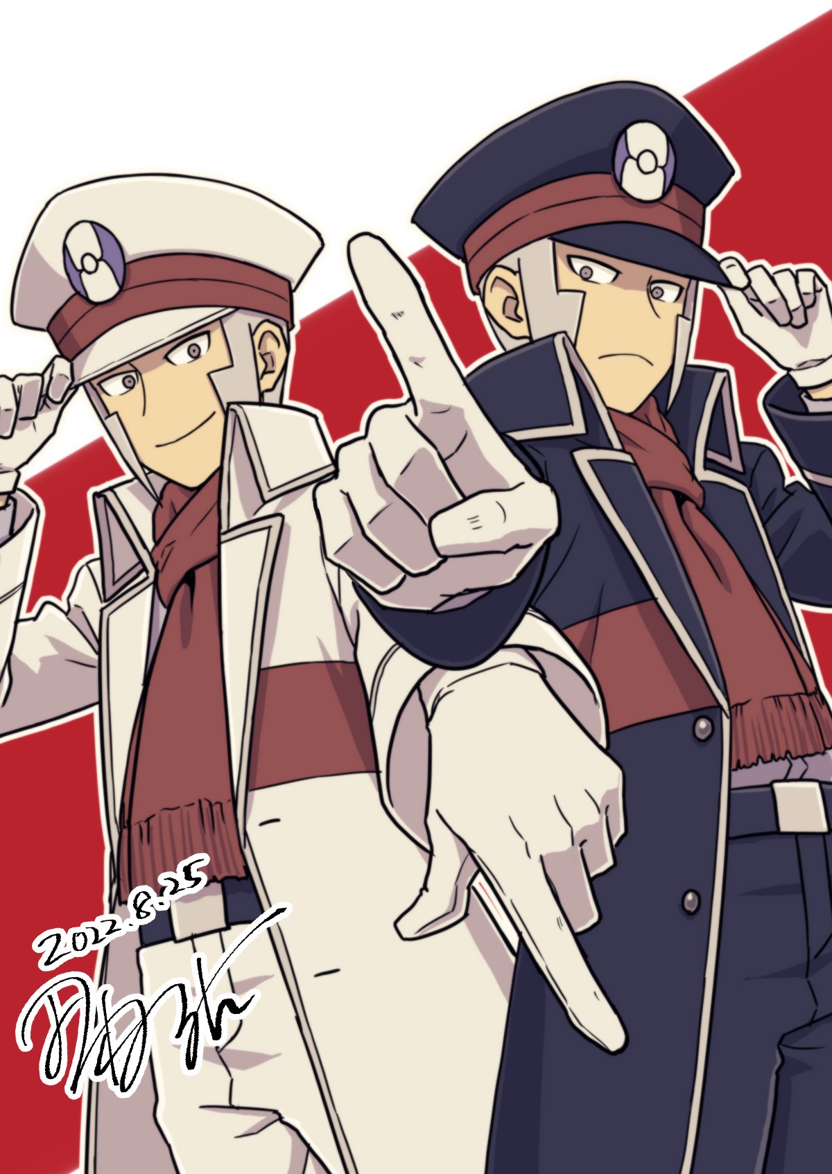 2boys belt_buckle black_coat black_headwear black_pants brown_scarf buckle coat commentary_request dated emmet_(pokemon) gloves grey_eyes grey_hair hand_on_headwear hat high_collar highres ingo_(pokemon) long_sideburns long_sleeves male_focus multiple_boys outline pants peaked_cap pointing pokemon pokemon_(game) pokemon_bw scarf short_hair sideburns signature tamura_(kouititamura) trench_coat white_coat white_gloves white_headwear white_pants