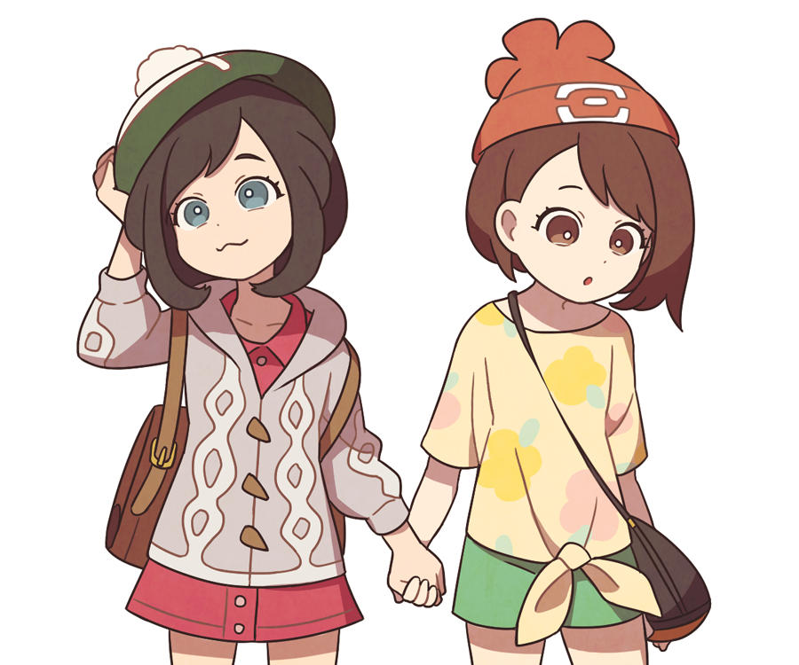 2girls backpack bag beanie brown_bag brown_eyes brown_hair buttons cable_knit cardigan closed_mouth collared_dress commentary cosplay costume_switch dress floral_print gloria_(pokemon) green_headwear green_shorts grey_cardigan hat holding_hands hooded_cardigan multiple_girls pink_dress pokemon pokemon_(game) pokemon_sm pokemon_swsh selene_(pokemon) shirt short_hair short_shorts short_sleeves shorts shoulder_bag simple_background smile ssalbulre t-shirt tam_o'_shanter tied_shirt white_background