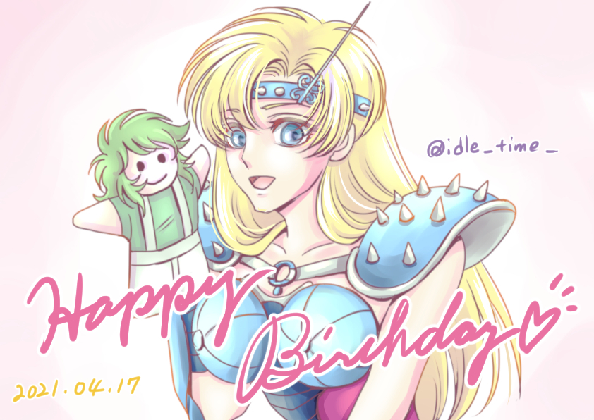 1girl armlet armor bangs blonde_hair blue_eyes chameleon_june character_doll collarbone dated gradient gradient_background happy_birthday kurumada_masami_(style) long_hair looking_at_viewer open_mouth saint_seiya shoulder_armor solo sonosaki888 spiked_armlet