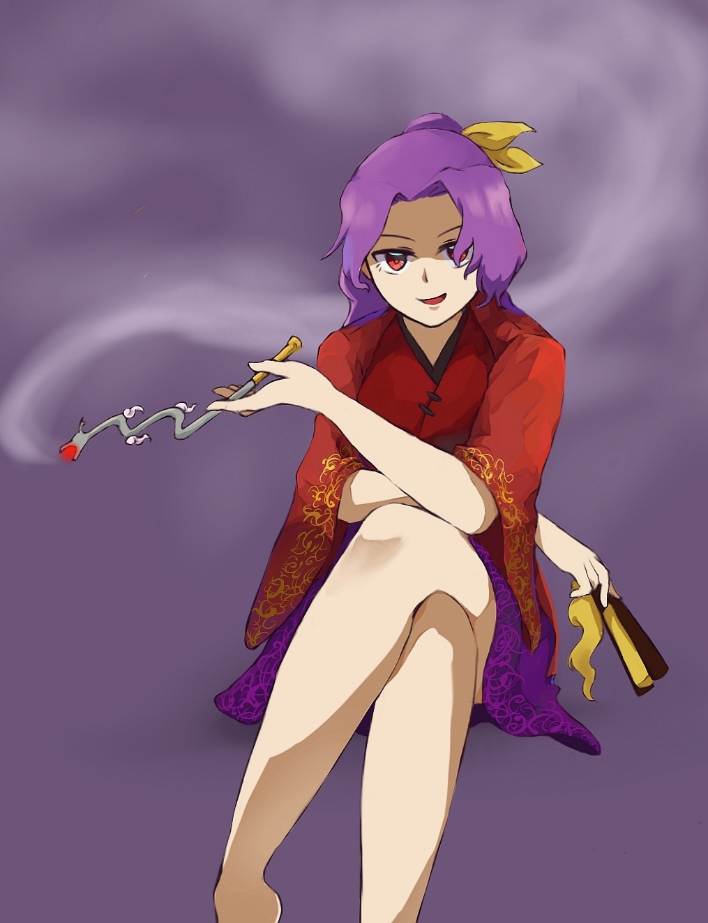 1girl feet_out_of_frame folding_fan hair_ribbon hand_fan highres holding holding_fan holding_smoking_pipe japanese_clothes kimono kiseru komakusa_sannyo long_hair long_sleeves luhua_xiedai open_mouth ponytail purple_background purple_hair purple_skirt red_eyes red_kimono ribbon simple_background skirt smoke smoking_pipe solo touhou wide_sleeves yellow_ribbon