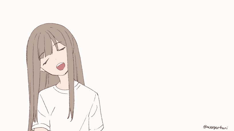1girl animated animated_gif brown_hair closed_eyes facing_viewer long_hair nagu original shirt simple_background solo t-shirt twitter_username upper_body white_background white_shirt