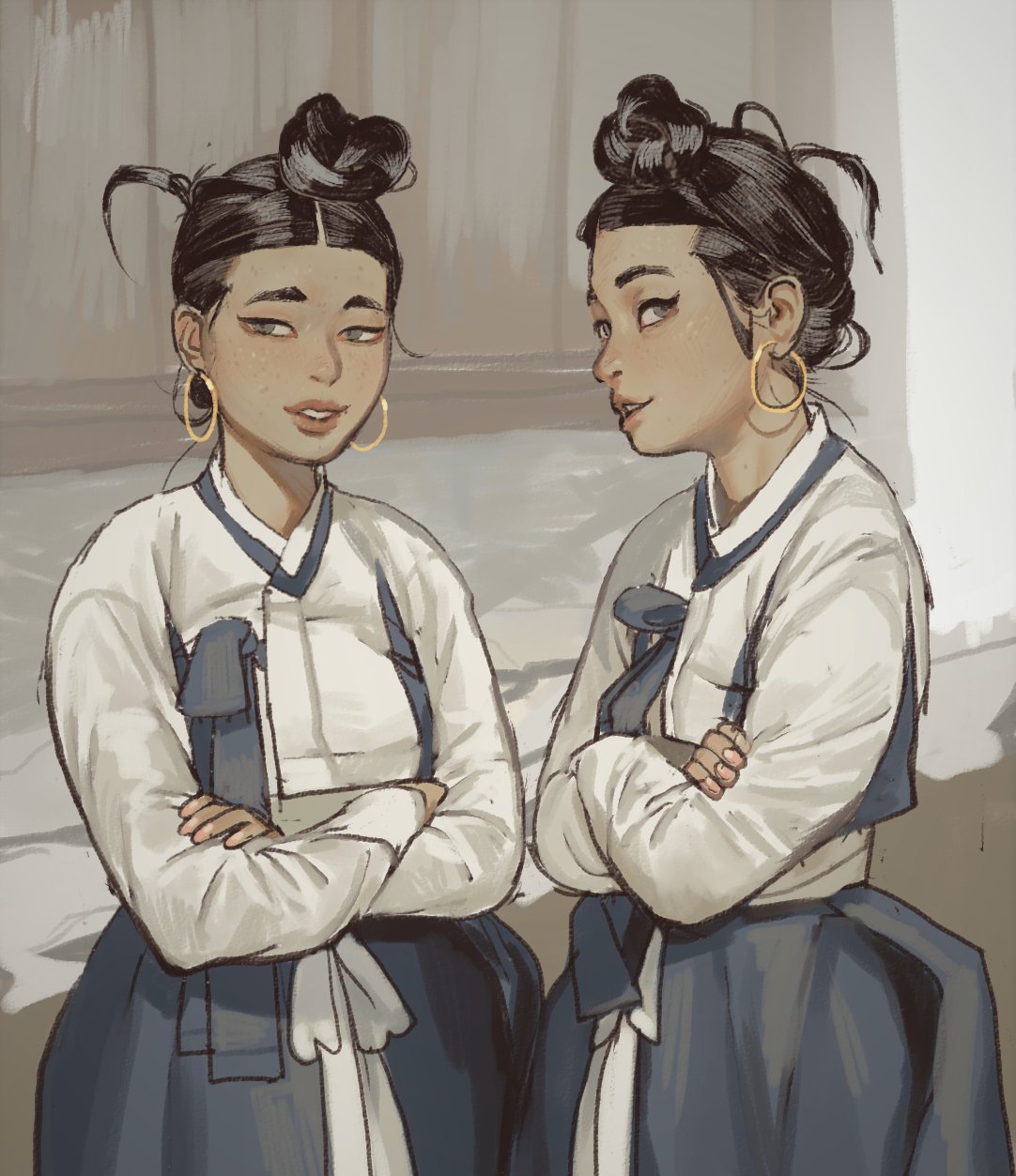 2girls black_hair crossed_arms earrings freckles grey_eyes hair_bun hanbok highres hoop_earrings jewelry korean_clothes looking_at_viewer mossacannibalis multiple_girls original siblings single_hair_bun smile smug topknot twins