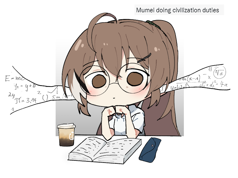 1girl ahoge bad_id bad_twitter_id bags_under_eyes bangs bespectacled book brown_eyes brown_hair coffee_cup cup disposable_cup english_text glasses glasses_case gyaheung hair_ornament hair_tie hairclip hololive hololive_english hood hoodie long_hair math multicolored_hair nanashi_mumei ponytail short_sleeves starbucks_siren streaked_hair very_long_hair virtual_youtuber white_hoodie