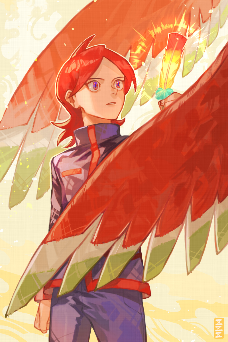 1boy arm_at_side commentary_request cowlick feathers hand_up highres ho-oh holding holding_feather jacket long_hair long_sleeves looking_to_the_side male_focus outline oyasuminjyutsu pants parted_lips pokemon pokemon_(creature) pokemon_(game) pokemon_hgss rainbow_wing_(pokemon) redhead silver_(pokemon) violet_eyes