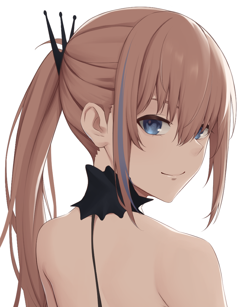 1girl act_(xadachit) bangs bare_back bare_shoulders black_dress blue_eyes closed_mouth dress girls_frontline hair_ornament hairclip long_hair looking_at_viewer looking_back multicolored_hair official_alternate_costume pink_hair ponytail sidelocks smile solo st_ar-15_(girls'_frontline) st_ar-15_(prisoner_of_the_dream)_(girls'_frontline) streaked_hair upper_body white_background