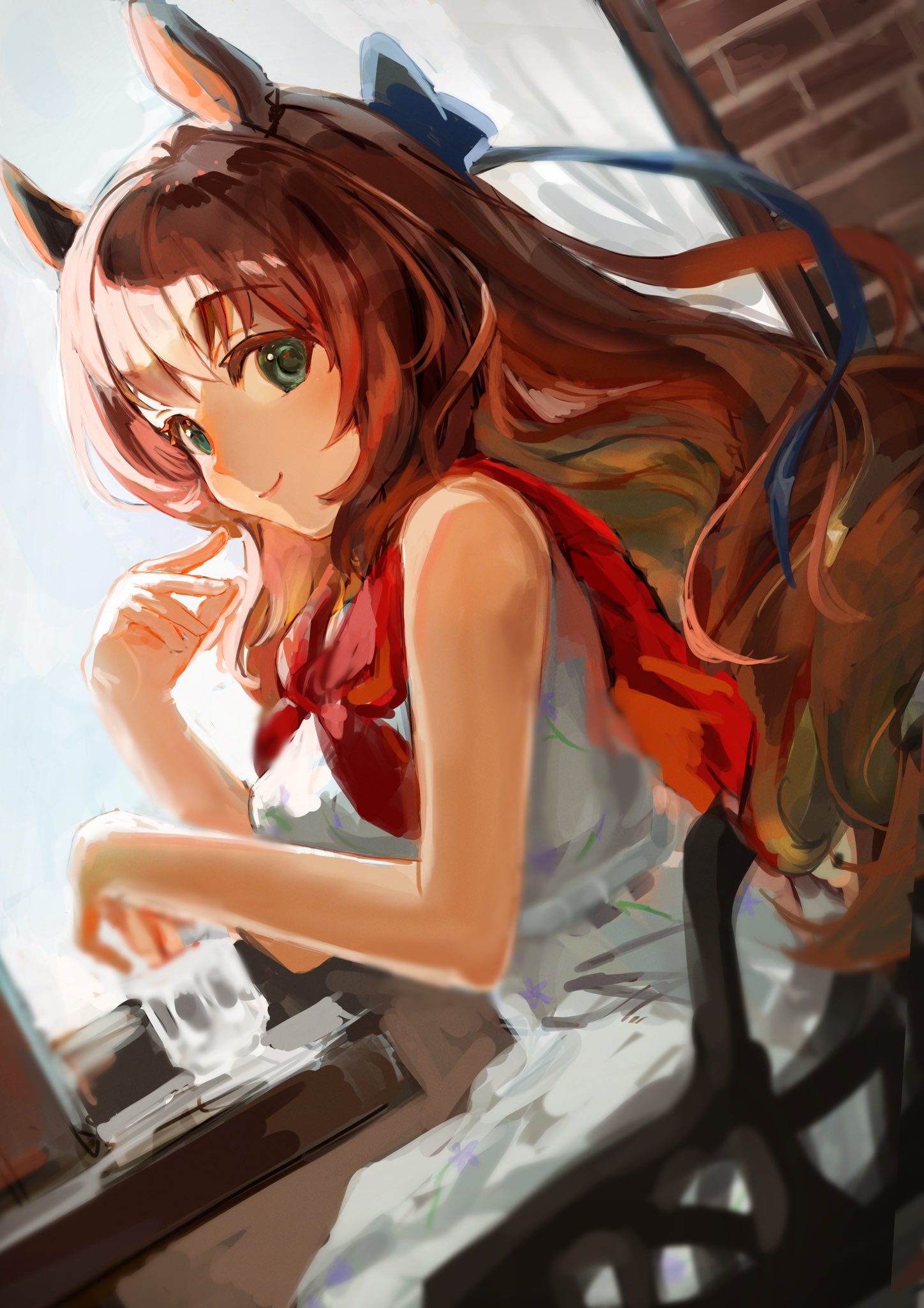 1girl bangs blue_bow blush bow breasts brown_hair chair closed_mouth cup dress dutch_angle green_eyes hair_bow highres horse_girl long_hair looking_at_viewer maruzensky_(umamusume) medium_breasts sitting sleeveless sleeveless_dress smile solo table umamusume white_dress window yoshiaki_(yosiaki_ml)