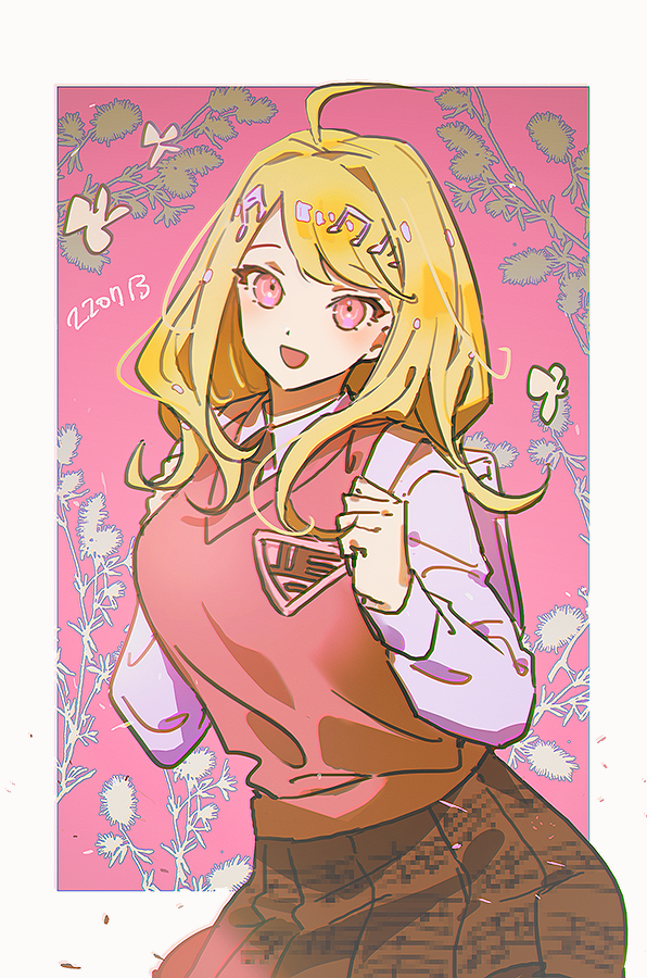 1girl ahoge akamatsu_kaede backpack bag bangs blonde_hair border breasts commentary danganronpa_(series) danganronpa_v3:_killing_harmony dot_nose english_commentary feet_out_of_frame floral_background hair_ornament haun looking_at_viewer medium_breasts medium_hair musical_note musical_note_hair_ornament open_mouth pink_background pink_eyes pink_vest plaid plaid_skirt pleated_skirt red_skirt shirt simple_background skirt smile solo sweater_vest vest white_bag white_shirt