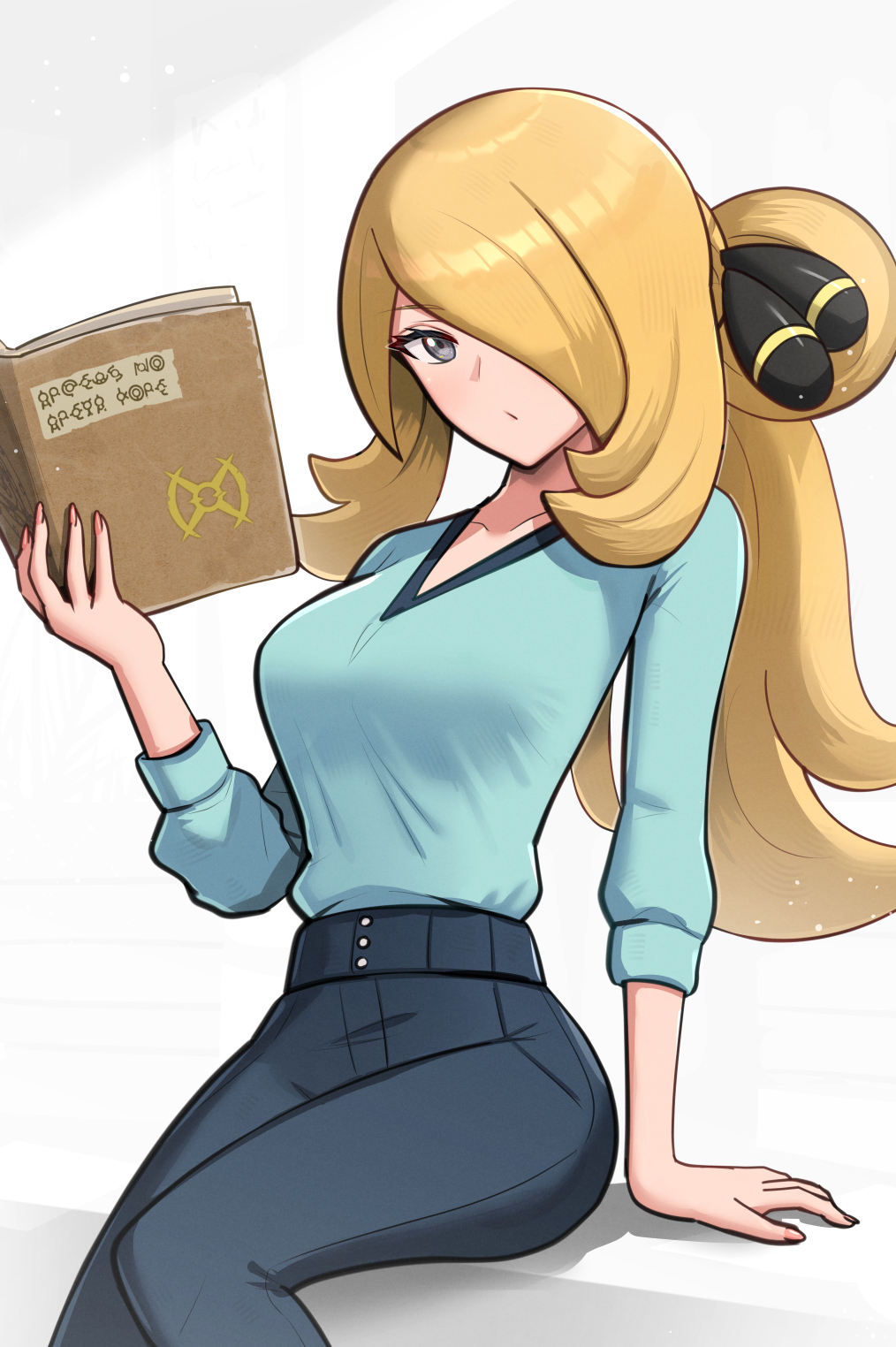 1girl :/ black_pants blonde_hair blue_shirt book breasts closed_mouth cynthia_(pokemon) gonzarez grey_eyes hair_ornament hair_over_one_eye hand_up highres holding holding_book long_hair long_sleeves looking_at_viewer pants pink_nails pokemon pokemon_(game) pokemon_dppt ponytail shirt shirt_tucked_in sidelocks sitting solo unown v-neck