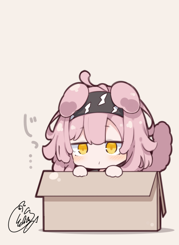 1girl ahoge animal_ears arknights bangs beni_shake black_hairband blush box brown_background cardboard_box cat_ears cat_girl cat_tail closed_mouth commentary_request goldenglow_(arknights) hairband hands_up in_box in_container lightning_bolt_print pink_hair print_hairband shadow signature solo tail yellow_eyes